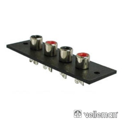 Placa com quatro conectores RCA metálicos preto e vermelho