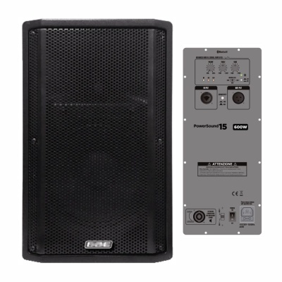 Altifalante PowerSound 15 preto com painel traseiro cinzento e conectores