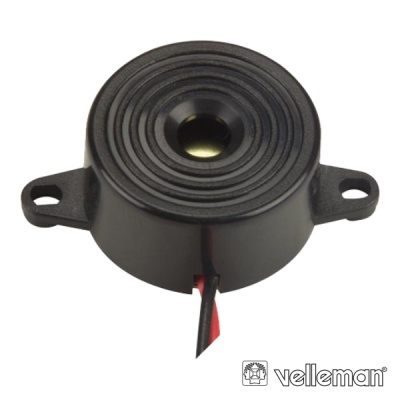 Alto-falante pequeno preto com fios e marca velleman