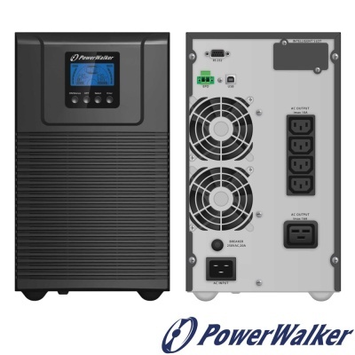 UPS PowerWalker preto com visor digital e várias portas de conexão
