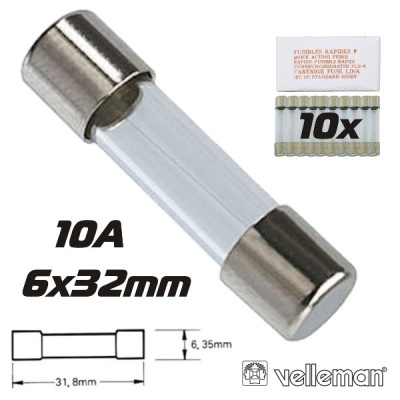 Fusível rápido Velleman 10A 6x32mm em vidro e metal com embalagem destacada