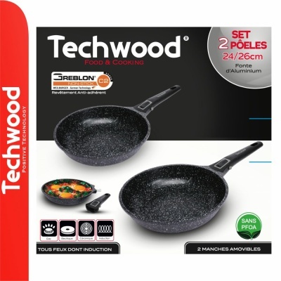 Conjunto Techwood de 2 poeles preto marmoreado com 2 pegas amovíveis e embalagem com texto em francês.