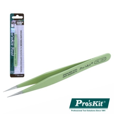 Pinça verde não magnética Pro'sKit PK-101T com ponta fina e embalagem