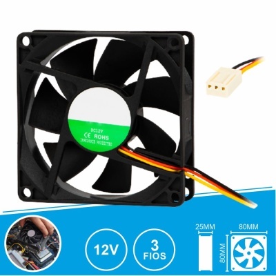 Ventoinha de computador preta com etiqueta verde, com cabo de 3 fios e indicações técnicas azuis