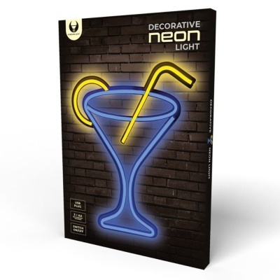 Embalagem de luz decorativa de néon azul e amarelo em forma de copo de cocktail