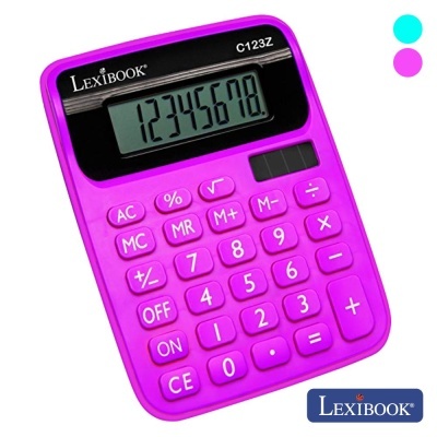 Calculadora Lexibook rosa com visor digital e botões numéricos e funcionais