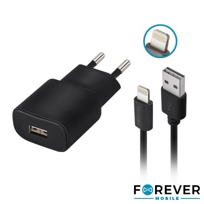 Carregador de parede preto com cabo USB para Lightning