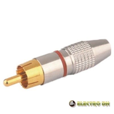 Conector RCA metálico dourado e prateado com anel vermelho