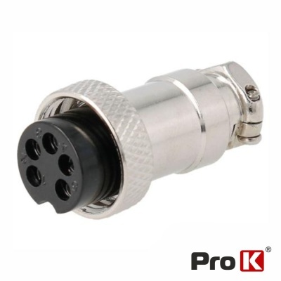 Conector circular metálico prateado com cinco pinos e parte frontal preta