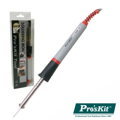 Ferro de soldar Pro'sKit com cabo cinzento e vermelho e embalagem