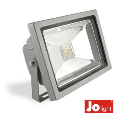 Projetor LED cinza metálico com lente transparente e suporte regulável