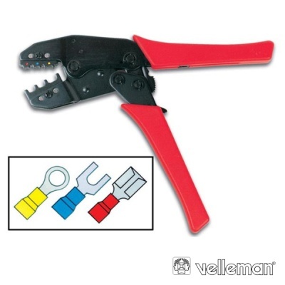 Alicate de cravar com cabo vermelho e corpo metálico preto para crimpar terminais elétricos