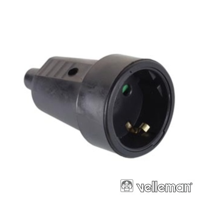 Ficha elétrica preta com dois contactos e logótipo Velleman