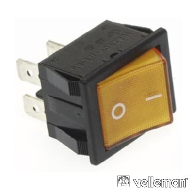 Interruptor elétrico preto com botão amarelo e três terminais metálicos