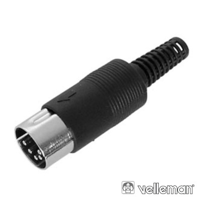 Conector DIN preto e prata com cabo e logótipo velleman