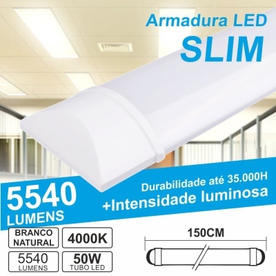 Armadura LED slim branca de 150cm com 5540 lúmens e 50W, luz branco natural 4000K