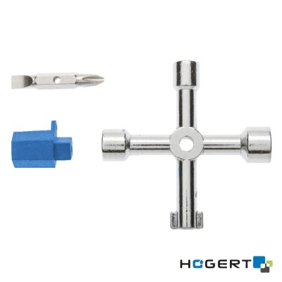 Conjunto de ferramentas com chave de cruz metálica, adaptadores metálicos e azul com logo HÖGERT