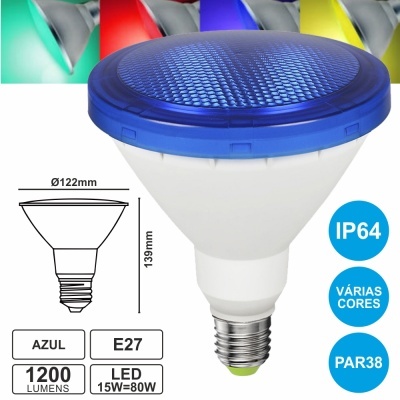 Lâmpada LED PAR38 azul com base E27 e indicativos técnicos