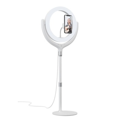 Anel de luz LED branco com suporte para telemóvel e base circular