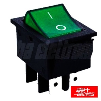 Interruptor elétrico rocker verde com símbolos I e O em fundo branco e logótipo alpha+ elettronica