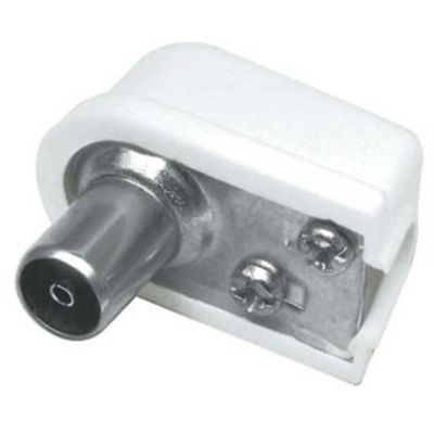 Conector coaxial branco e metal prateado com parafusos visíveis
