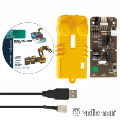 Kit electrónica braço robótico Velleman com CD, placa circuito, capa amarela e cabo USB