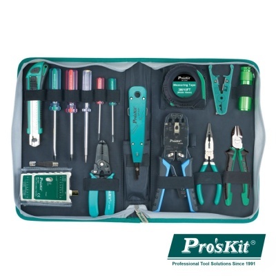 conjunto de ferramentas Pro'sKit em estojo cinza e verde com várias ferramentas organizadas