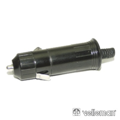 Adaptador de tomada de isqueiro para carro preto com clipes metálicos e logótipo velleman