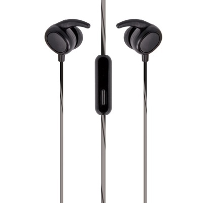 Auriculares intra-auriculares pretos com gancho e controlo remoto no cabo