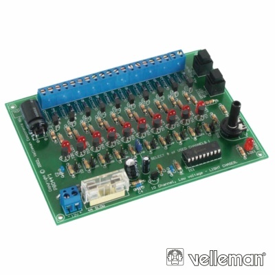 Placa eletrónica verde com LEDs vermelhos, potenciómetro preto e conectores azuis Velleman