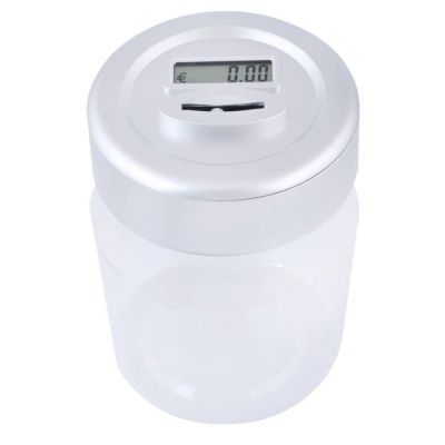 Pote transparente com tampa branca e visor digital para moedas