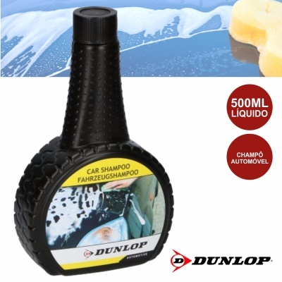 Frasco preto de champô automóvel Dunlop com rótulo amarelo e branco e 500ML líquido