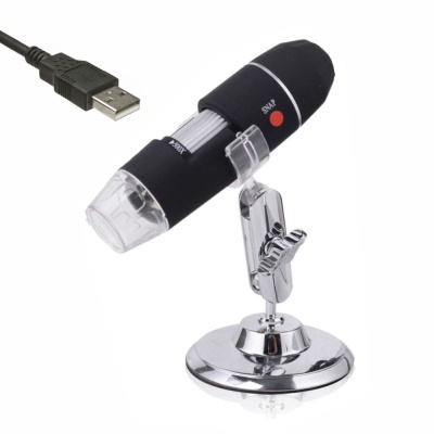 Microscópio digital USB preto com suporte metálico