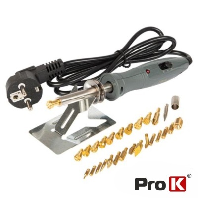 Ferro de soldar elétrico com suporte metálico e 20 pontas douradas variadas.