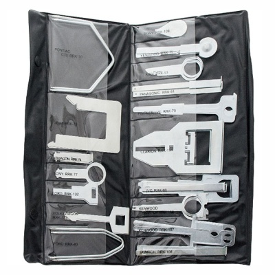 Conjunto de ferramentas metálicas organizadas em estojo preto com bolsos transparentes e texto de marcas