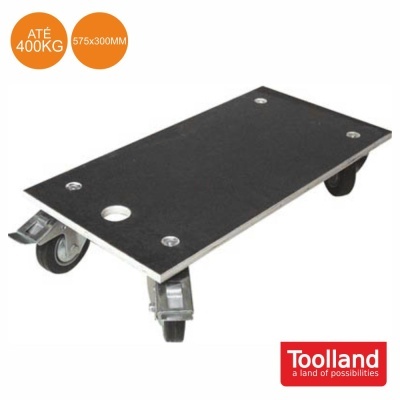 Plataforma de transporte preta com rodas e logotipo Toolland.