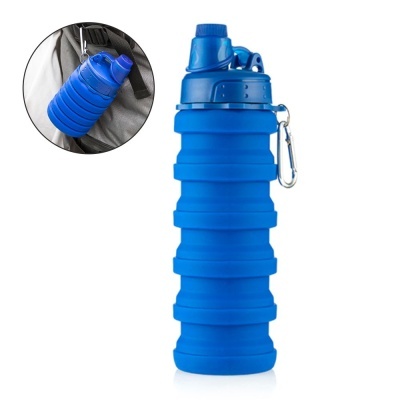 Garrafa de água dobrável azul com tampa e mosquetão