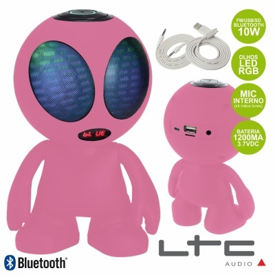 Coluna Bluetooth rosa com olhos LED RGB em forma de personagem, incluí cabos e texto de especificações