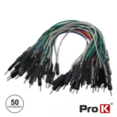 Cabos jumper macho coloridos para circuito com fundo branco e texto de 50 unidades