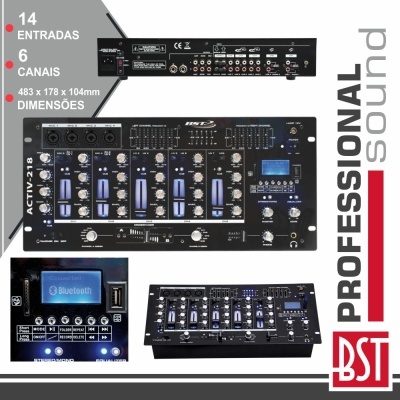 Mesa de mistura profissional BST ACTIV-218 preta com múltiplos botões e conectores