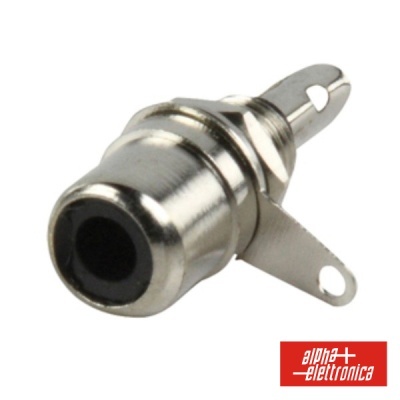 Conector jack metálico prateado com abas para fixação