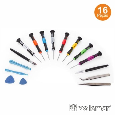 Kit de 16 ferramentas de precisão com cabos coloridos, pinças e acessórios, marca Velleman
