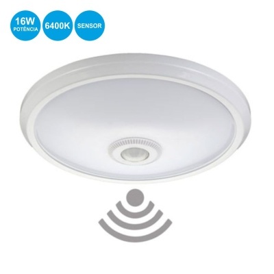 Luz de teto branca com sensor de movimento e ícones azuis indicando potência e temperatura de cor