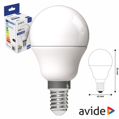 Lâmpada LED Avide E14 com embalagem e desenho técnico