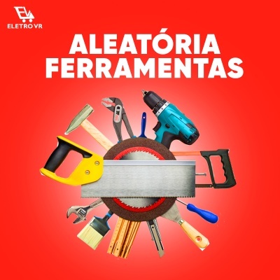 Ferramentas variadas dispostas em círculo com texto 'ALEATÓRIA FERRAMENTAS' em fundo vermelho