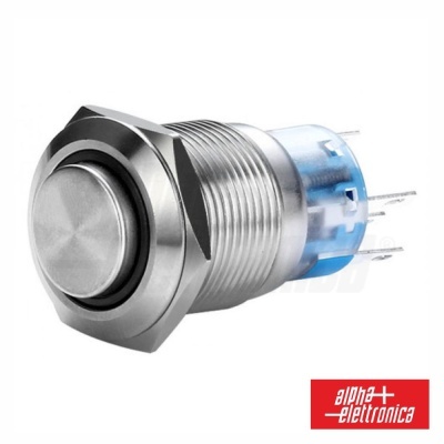 Botão de pressão metálico com conexões elétricas e logótipo alpha elettronica