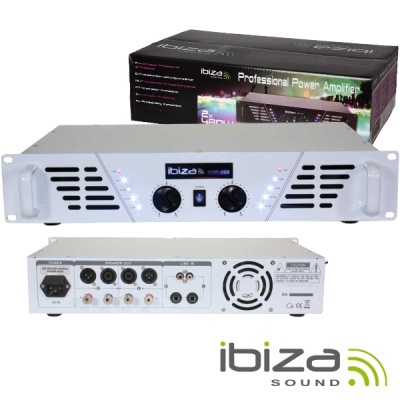 Amplificador de potência profissional Ibiza Sound com painel frontal branco e caixa preta