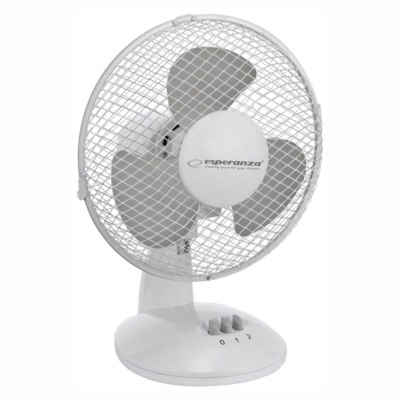 Ventoinha de mesa branca com hélices cinzentas e botões de controlo na base