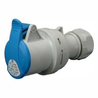 Tomada industrial azul e branca com tampa e etiquetas