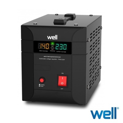 Regulador automático de voltagem preto da marca well com display digital e botão vermelho ON/OFF